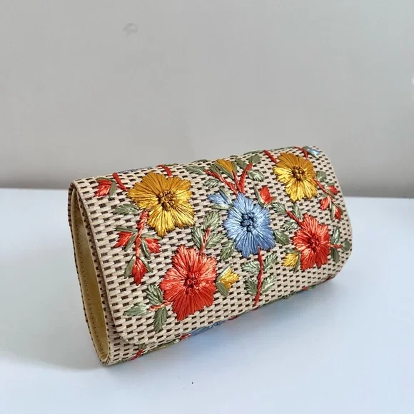 Anthropologie Garden Route Clutch Floral Raffia Embroidered Woven Purse Bag - Picture 1 of 12